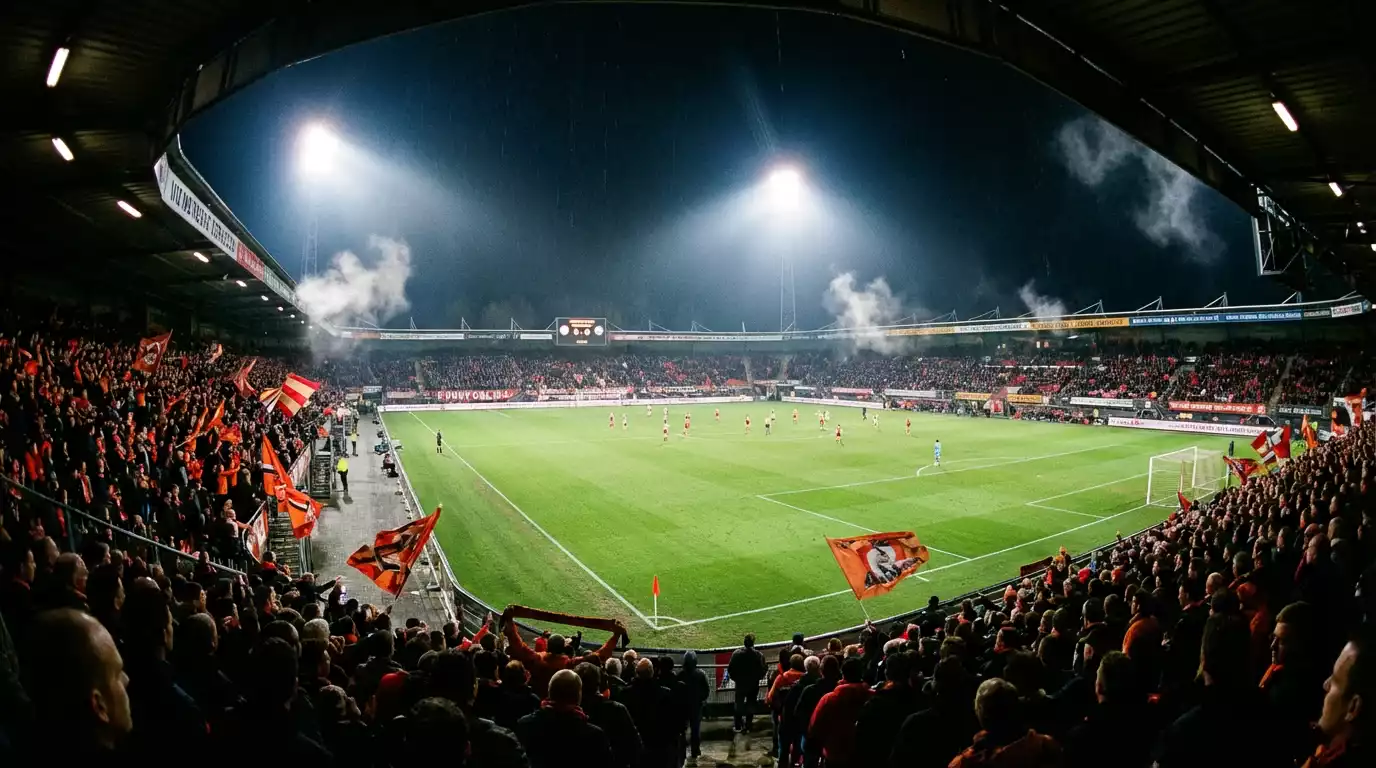 Eredivisie voetbalstadion tijdens een avondwedstrijd met volle tribunes